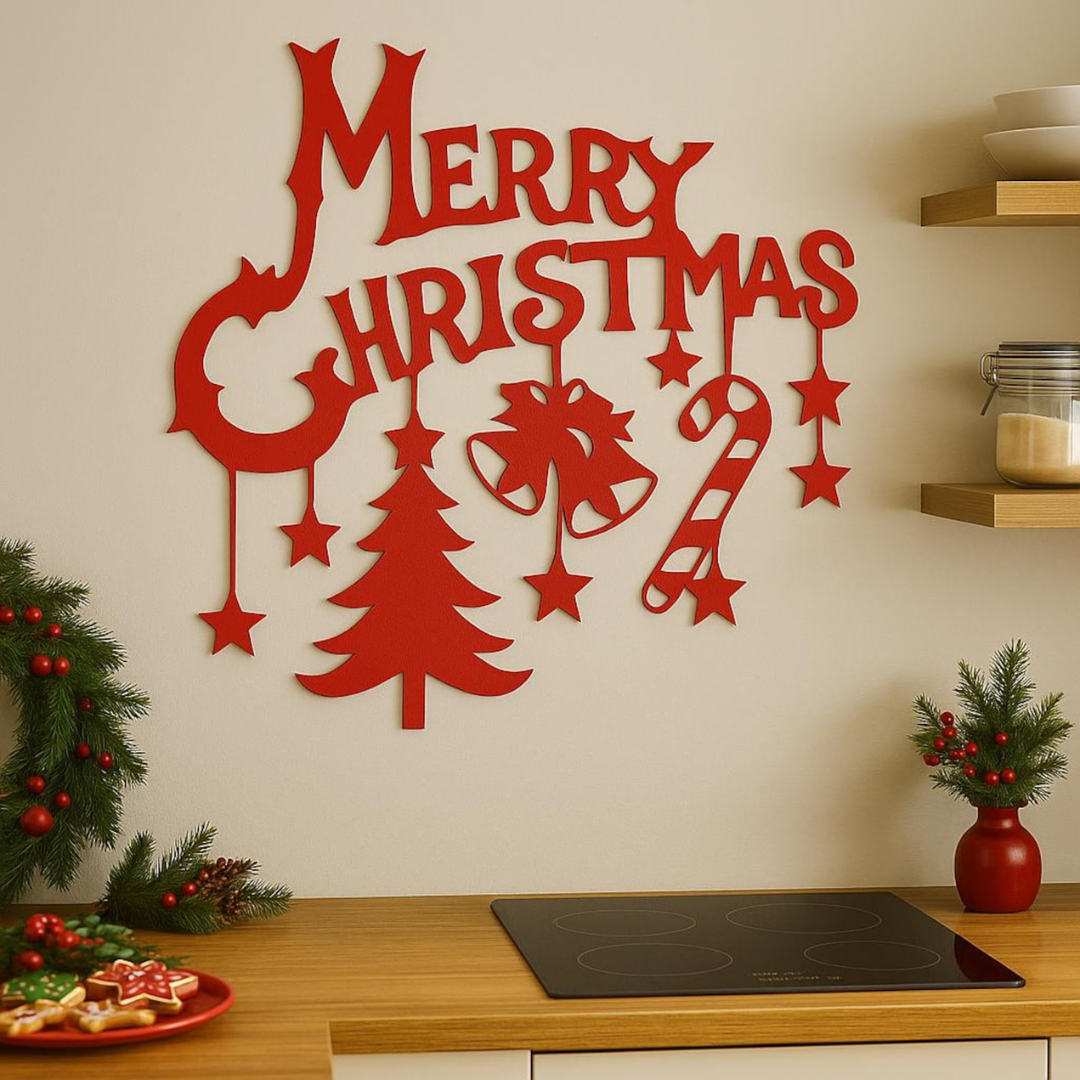 Red 'Merry Christmas' wall decoration in a kitchen setting with festive decor.